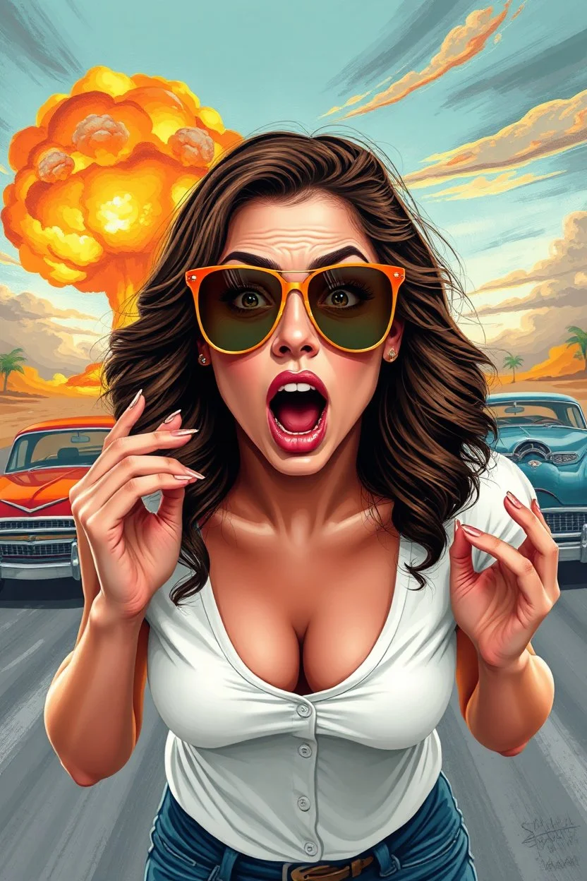 an young woman leaning forward(cropped tightly from between nose and stomach, white top with wide neck opening, cleavage, hands at side of face, with surprised expression, home alone scream, wavy hair, large cheep sunglasses), nuclear explosion and classic Cars in background, greaser, digital painted illustration