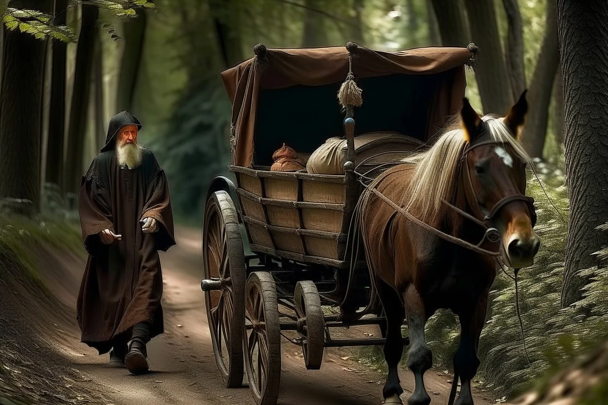 hooded monk driving horse and 2 wheel cart in the forest