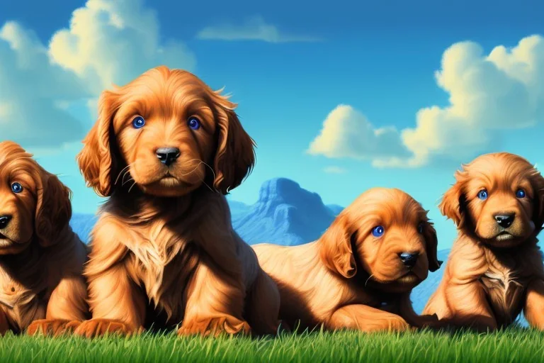 digital gouache matte painting, volumetric nature environment, organic, (( cute ( irish setter puppies and golden retriever puppies ) playing together )), close-up portrait, elegant, intricate, realistic shaded volumetric lighting, volumetric clouds, concept art, detailed eyes, illustration, 8k, uhd, hires, backlight, centered camera view, vitality colors, ambient occlusion, sunlight caustics, design and art by sam curry