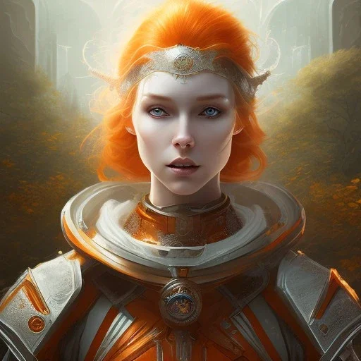 fantasy setting, woman, orange locks, white locks, more orange hair, more white hait