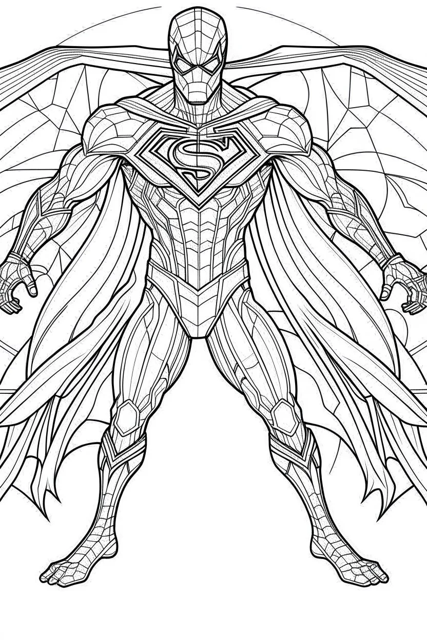 outline art An evolved Spider Man . Superman . Agile, strong, sophisticated.cinematic lighting, high resolution 3D render art coloring pages with witch, white background, Sketch style, full body, use outline, Mandala style, clean line art, white background, no shadows and clear and well