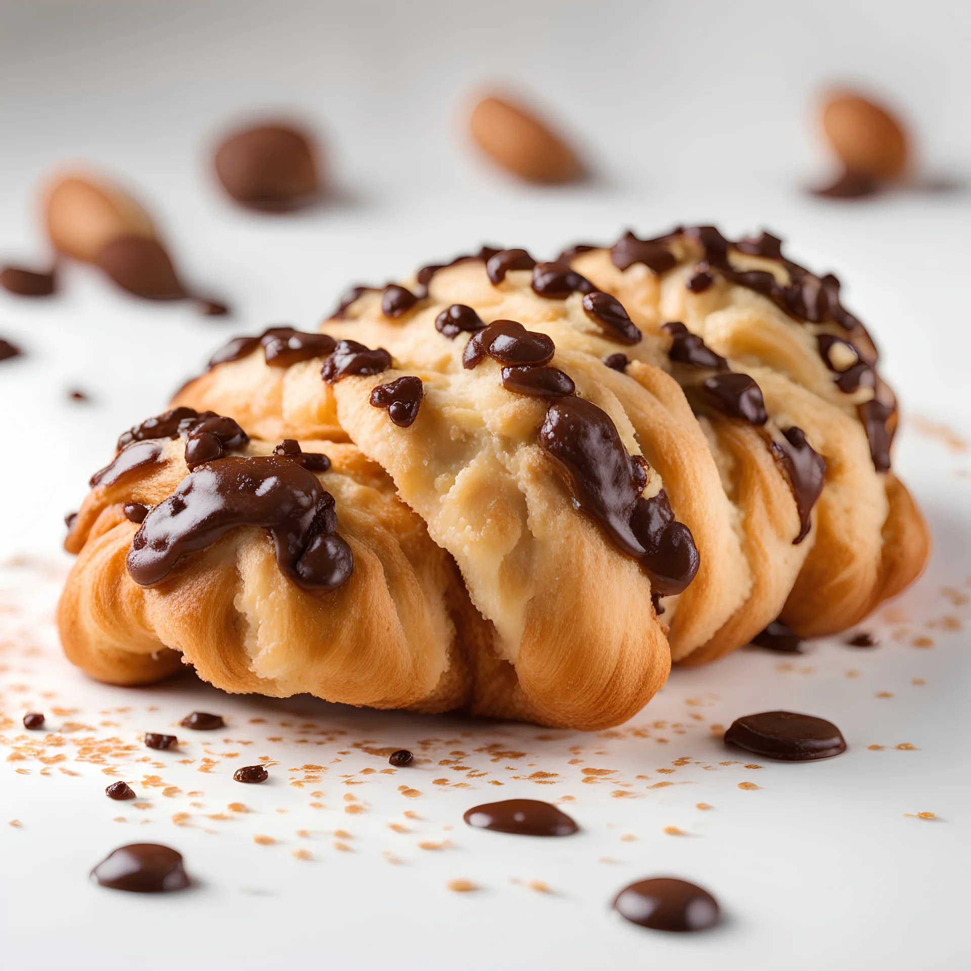 fluffy croissant sprinkled with fine chocolate chips and vanilla filling on a white background