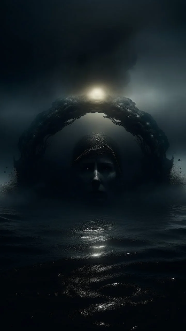 Mourning in dephts of ocean , a halo face with bullets smoky holes in dark gloomy foggy background with very small dem light in a distance