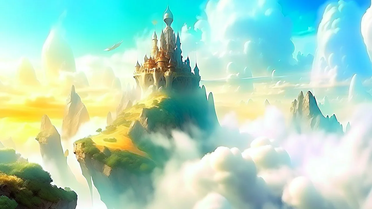 Fantasy digital illustration: a strange land above the clouds, that looks like a dream, with a magnificent, beautiful castle!