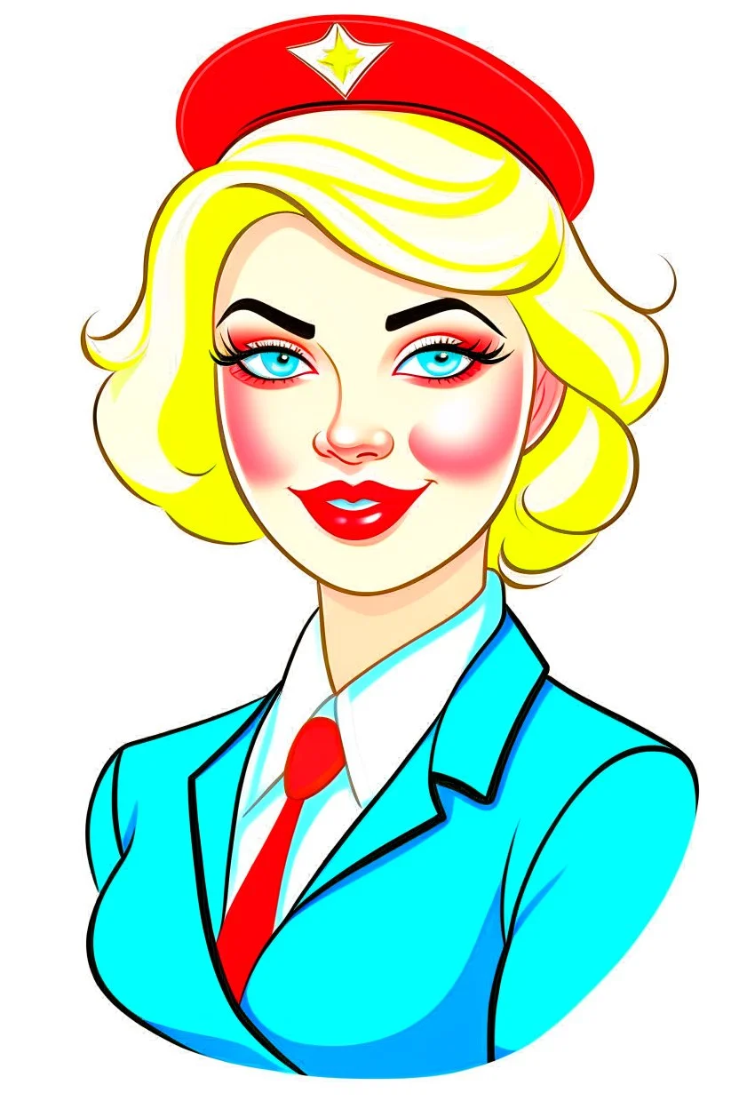 cartoon of a feminine blonde stewardess with red lips in light blue uniform