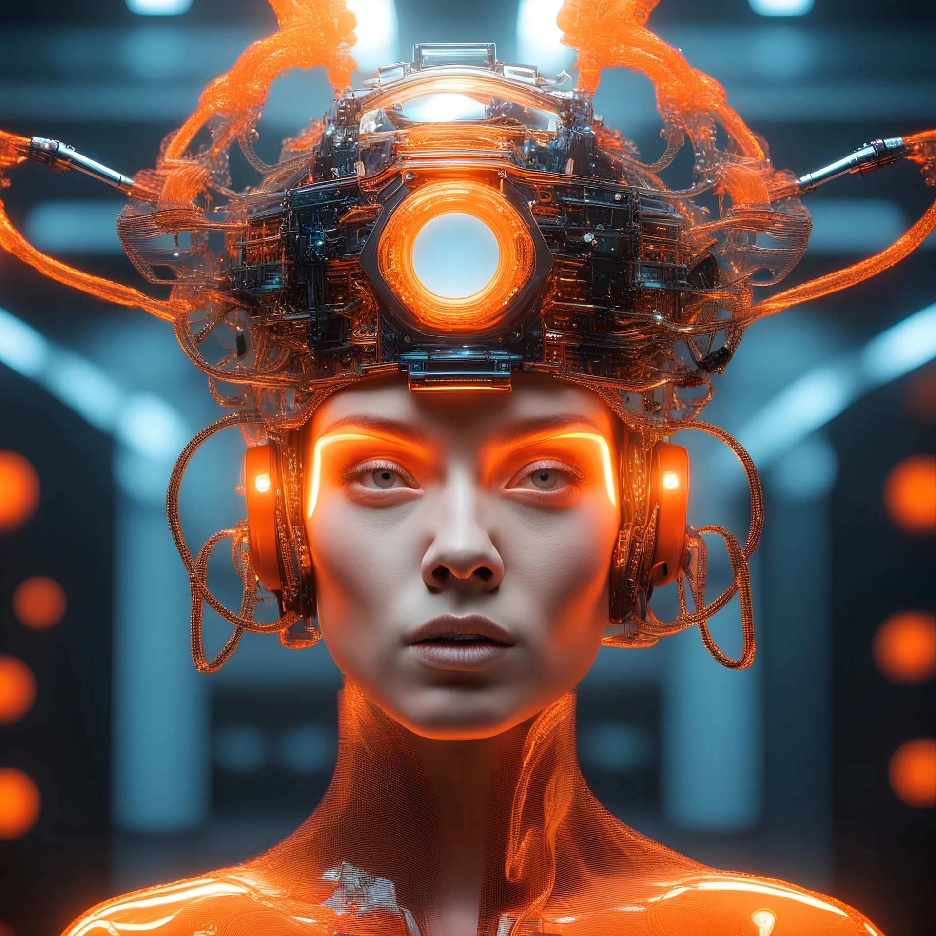 Organic jon, cyborg Ai queen with neuralink headgear, on an inter dimensional catwalk,perfect human face, clear acrylic plastic film, full body shot, catwalk fashion show, iridescent, surreal, Salvador Dali meets pixels,,waterhead, dj style, neon orange,glowing eyes ,clouds