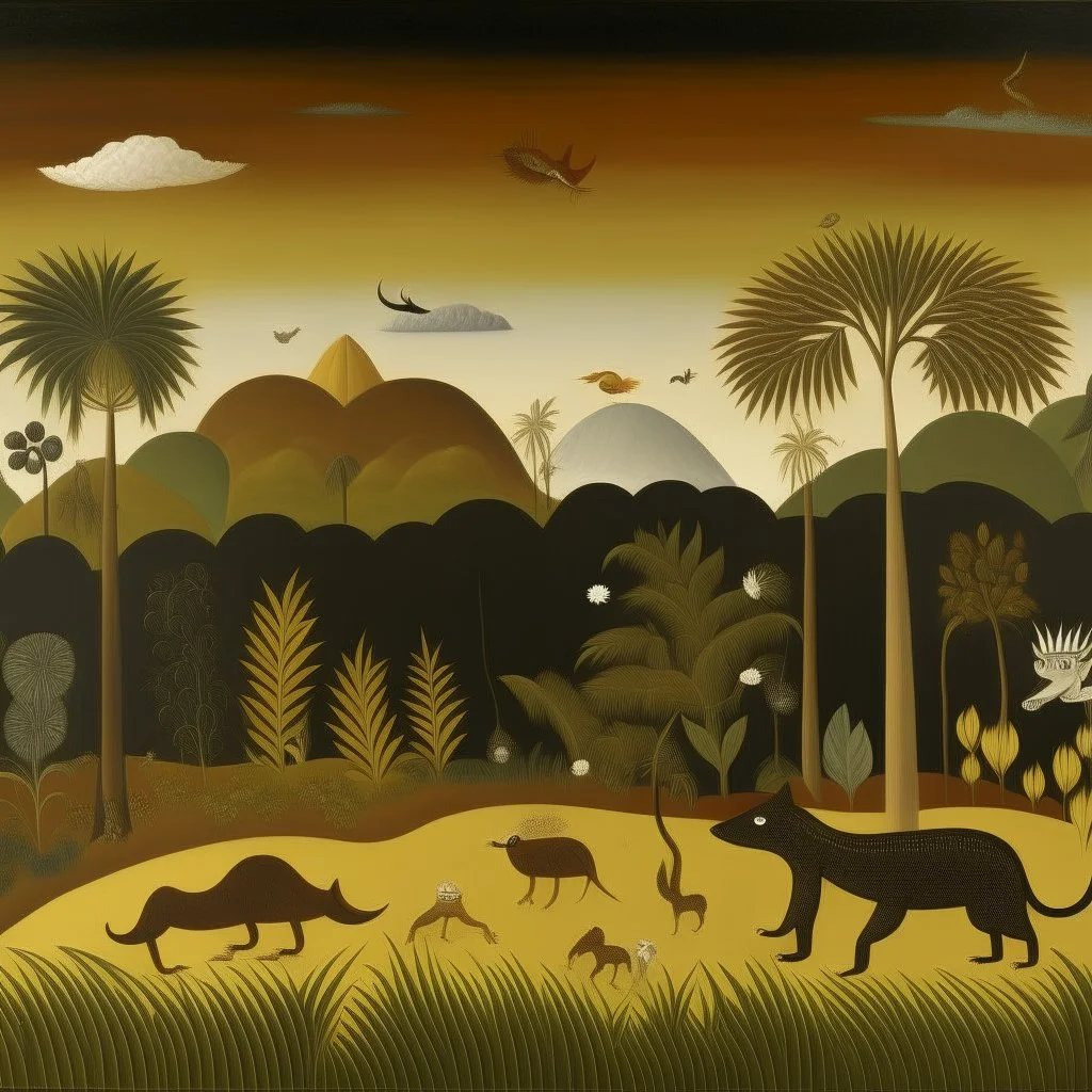 A brown semi-desert grounds with animals painted by Henri Rousseau