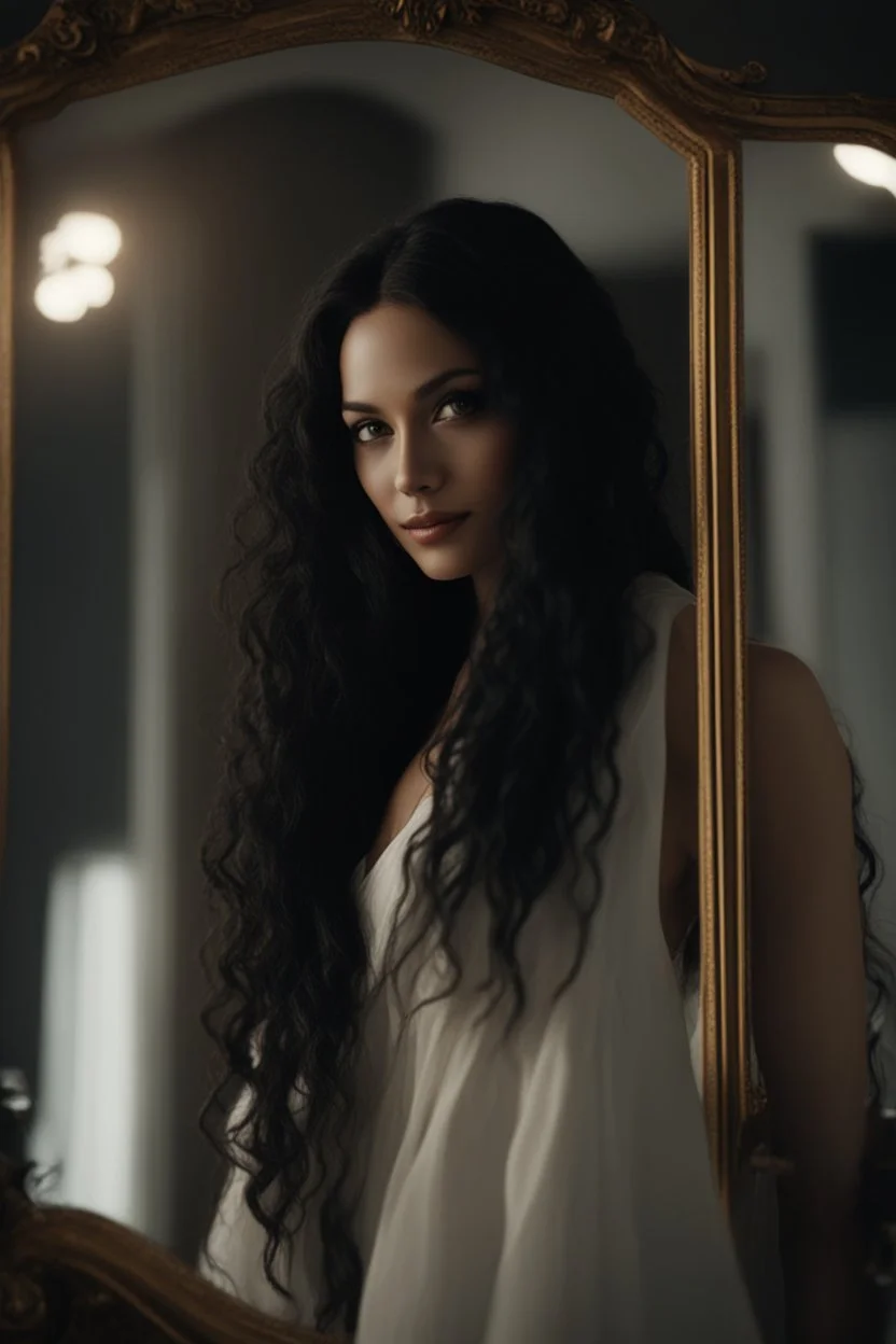 Close up of a beautiful woman with long curly black hair standing in front of a mirror, she smiles, but her reflection in the mirror doesn't smile back, it is a dark demon with intense scary eyes looking back at her. Super realistic, 8k high quality