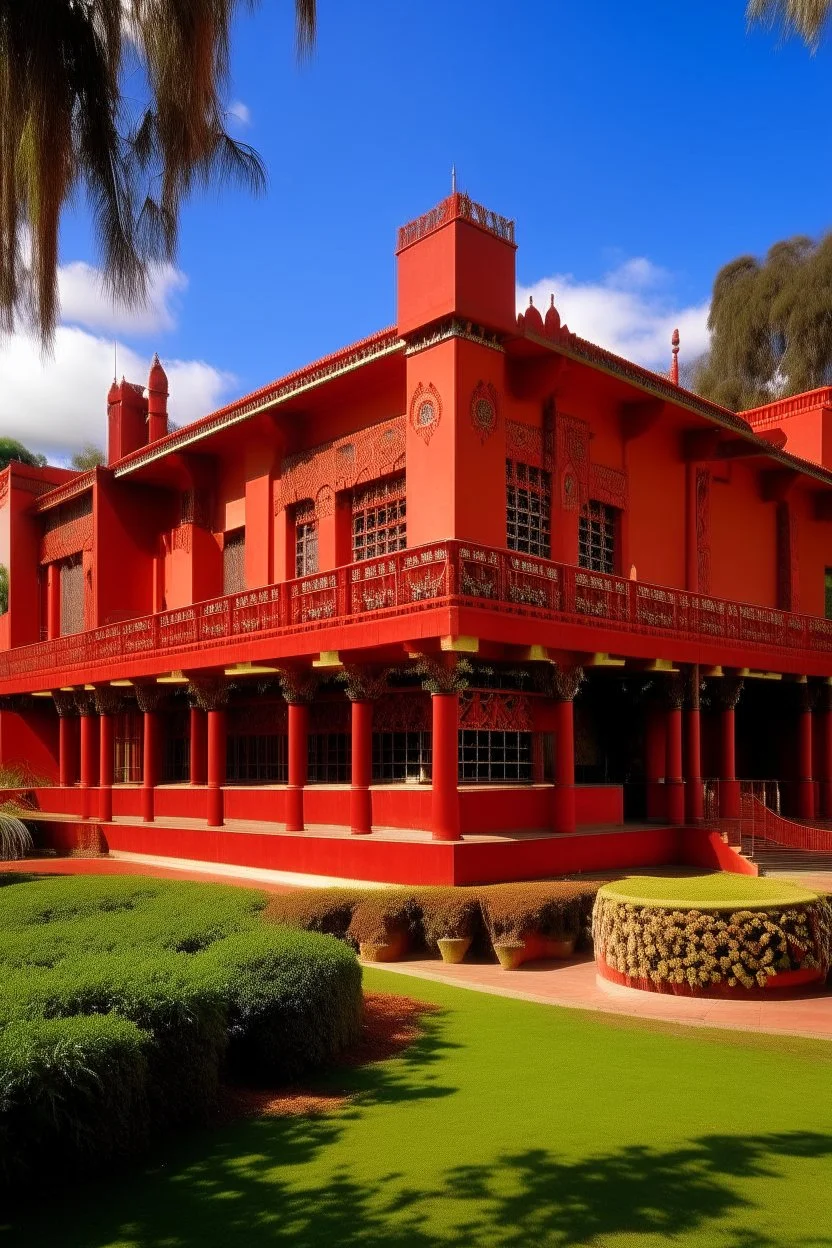 An orangish red monastery with a healing heart designed in Maori sculptures painted by Frank Lloyd Wright