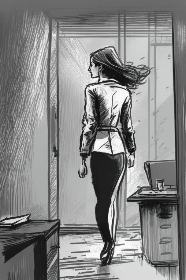 woman walking away out of someone's office with big windows sketch style