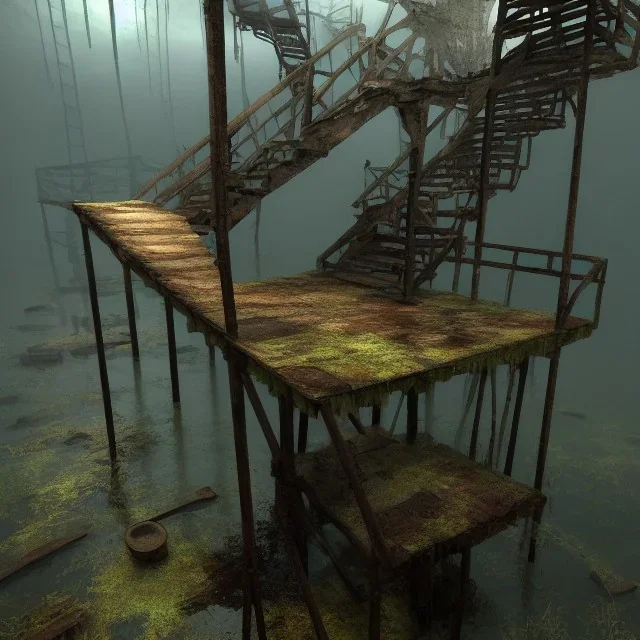 abondoned mine shaft with long metal staircase into murky brackish water, endless mine shaft, flooded, 8k resolution, 3D octane render, intricate, sharp, crisp, ultraHD, digital art, detailed matte, volumetric lighting George Grie, Anne Dittman, Anne Stokes, Lisa Parker, Selina French, brian froud, howard lyon,