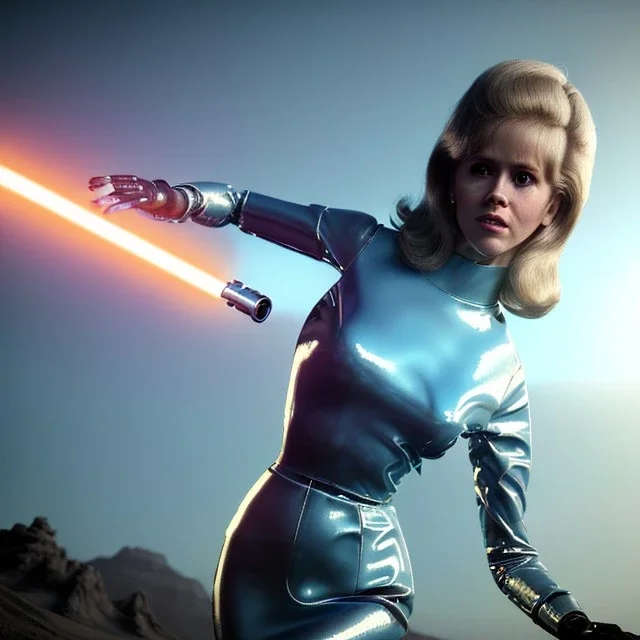 Ultra Realistic retro sci-fi portrait image from 1960, spaceship, sweet young Jane Fonda, dress with tight latex suit, lightsaber fighting stance, soft color, highly detailed, unreal engine 5, ray tracing, RTX, lumen lighting, ultra detail, volumetric lighting, 3d, finely drawn, high definition, high resolution.