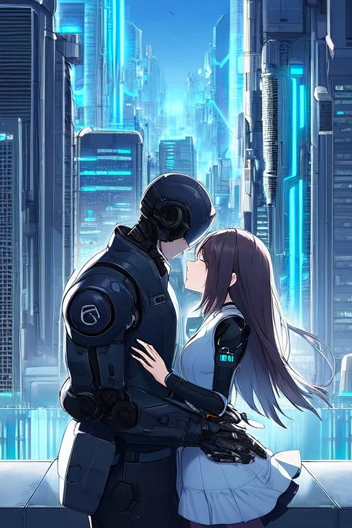 Science fiction, cyberpunk, city street, couple girl and guy, together, love at first sight