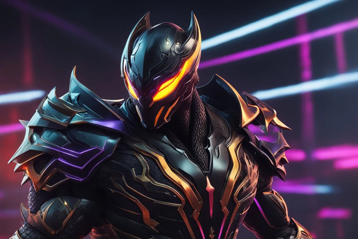 Venom Shredder in 8k solo leveling shadow artstyle, sombra them, close picture, rain, Shredder helmet, neon lights, intricate details, highly detailed, high details, detailed portrait, masterpiece,ultra detailed, ultra quality