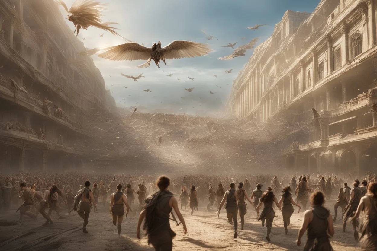 View of Elysium with winged females flying over people running away in fear