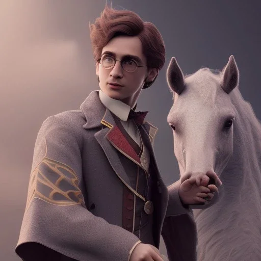 Full body, 3d render, Harry Potter 1800's men style, 1800's hair style, 1800's men clothes style, riding horse, hyper realistic, octane render, unreal engine 5, 8k, palace background, uhd