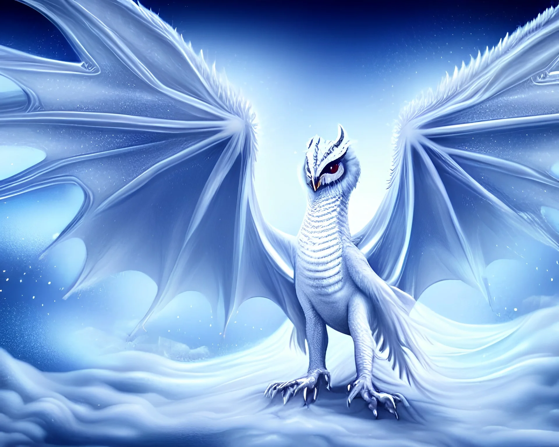 surreal illustration of white dragon with owl-like head, a white dragon with white owl head, realistic surrealism, dragon with fairy-like transparent glowing and sparkly wings standing in snow, glowing soft and smooth wings abstract fantasy art highly detailed intricate patterns on wings, shiny snowy background soft studio lighting shiny smooth background 64k