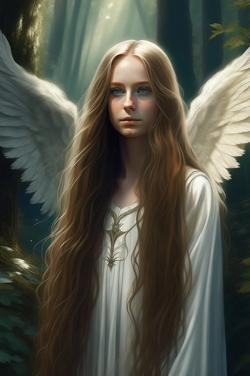 A realistic portrait of an Angel with long Aubern hair and white wings standing in a forest