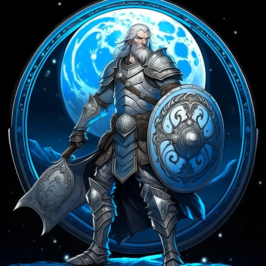 Please create an image for a 30-year old aasimar male with silver hair and a short, square beard and blue eyes. He is standing outside in the moonlight wearing plate armor and wielding a shield and a Thor-style hammer. His equipment is adorned in multiple places with crescent moons