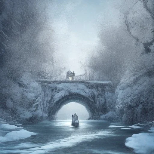 fantasy art of close up on big wolf and a wizard walking under very tight tree bridge over icy water