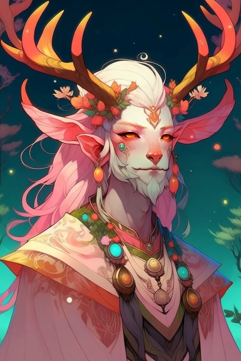 Pink hair summer radiant warmth Eladrin Male antlers beard druid of the stars