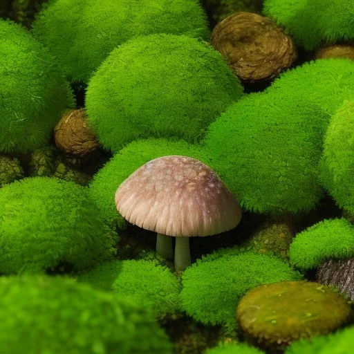 microphotography mushroom growing in a mossy dense lush green woods, high definition, detail, HD, 8k, realistic, 3d rendering, blender, photography, fisheye, bulge, tilt shift blur