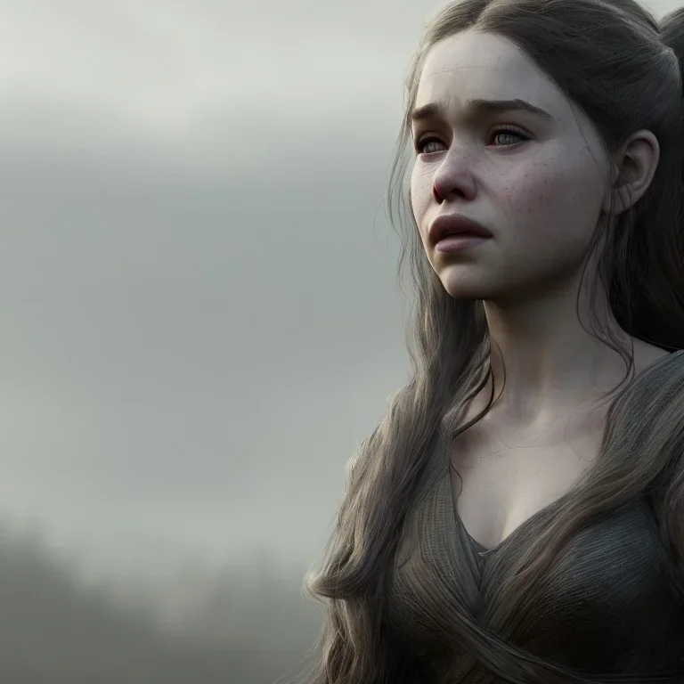 only perfect emilia clarke face, wearing dragon armor. fly hair, viking, village, highly realistic, highly detailed, mist around, smoke, particles, fog