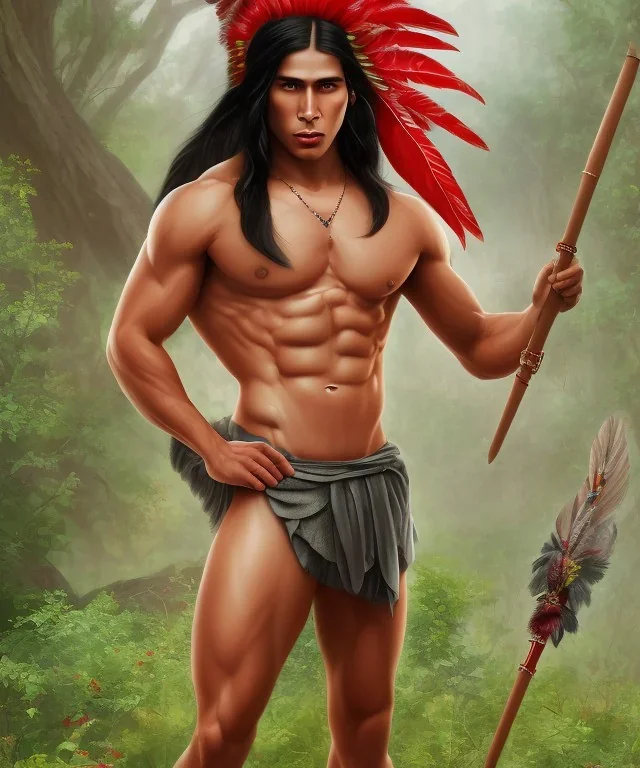 Guaicaipuro, native american god warrior, long black hair, big muscles, red feathers headdress, shirtless, holding a stone tip spear