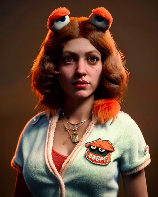 Portrait, waitress woman with monster muppet mask that covers her entire head, retro style, Sesame Street style, glow, smooth, unreal engine 5, god lights, ray tracing, RTX, lumen lighting, ultra detail, volumetric lighting, 3d.