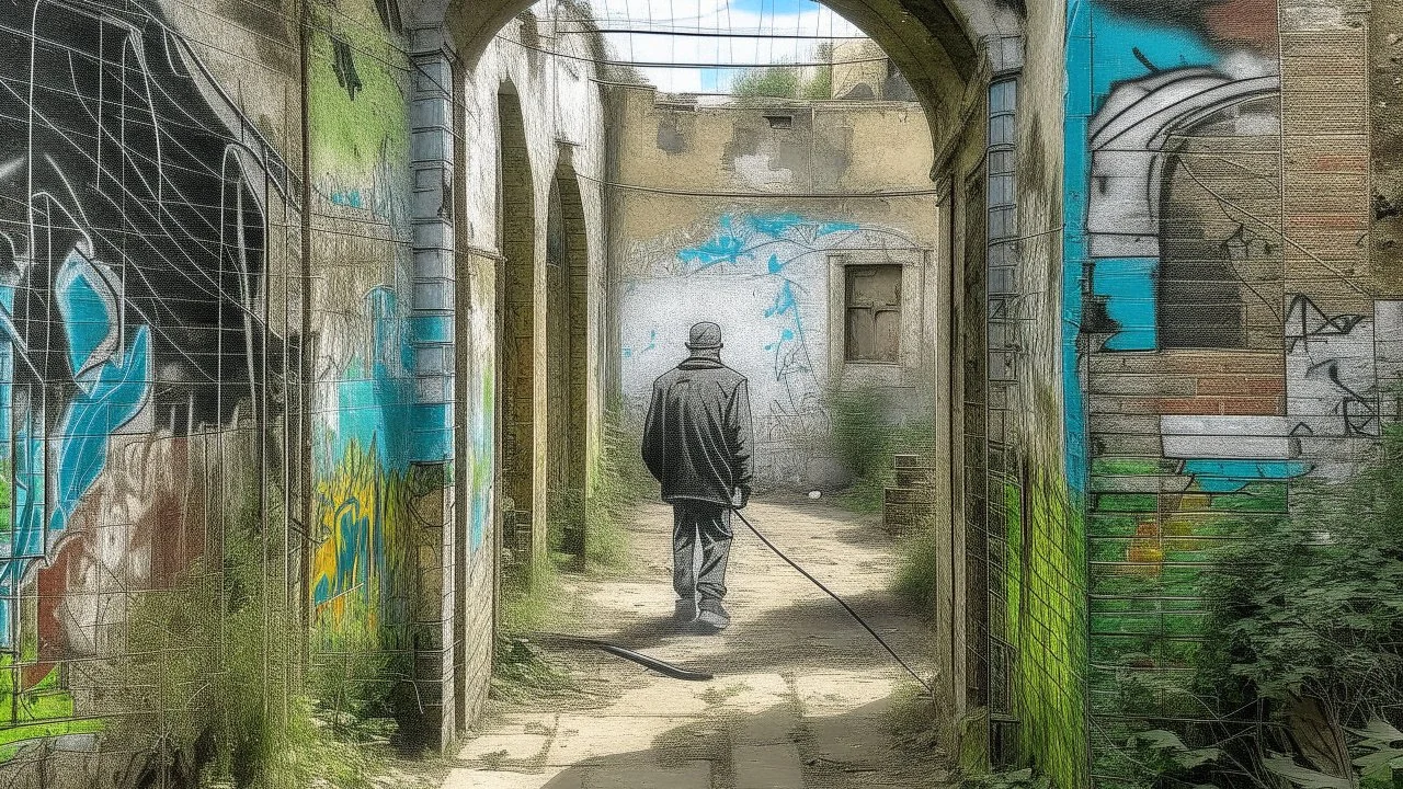 A faded mural of a person on an old wall with a window and an archway leading to a pathway, surrounded by graffiti art