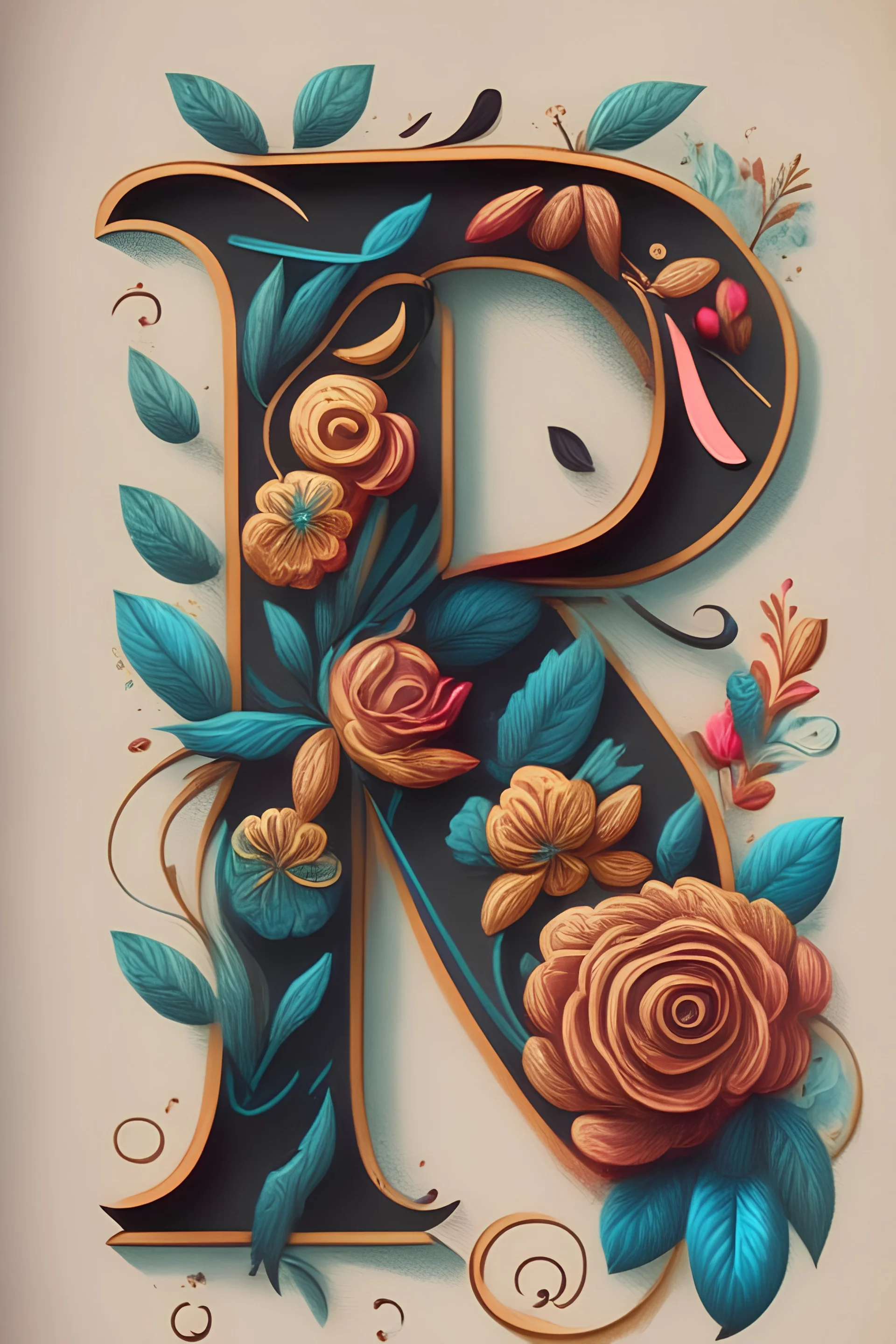 Hand Lettering N and R with ornaments flower