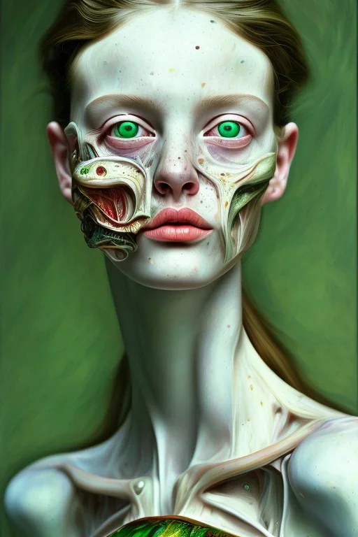 an ultra realistic painting, by lucian freud and klimpt, mixed media, textured, anatomically correct, beautiful woman perfect face, green eyes, sharp focus, highly detailed.