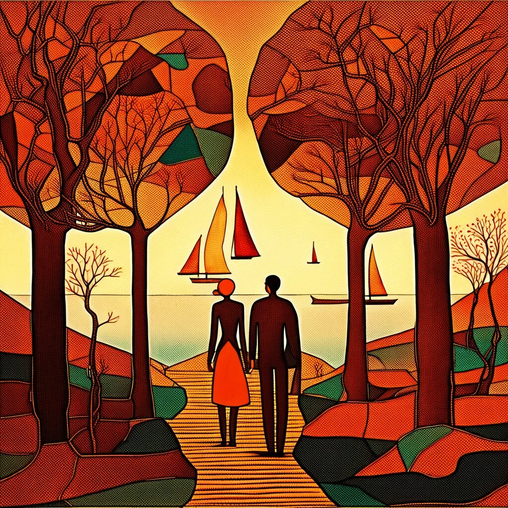 Vibrant painterly illustration, symbolic geometric realism. A surreal coastal landscape divided between land and sea. On a dark cliff in the foreground stands a leafless tree with delicate branches; nearby, small human figures appear as silhouettes. Sailboats float on a gently moving sea, their shapes simplified and graphic. Strong contrast between warm and cool tones, high color saturation, luminous pigments. Clearly painted surface with visible brushstrokes, flat yet textured color fields, han