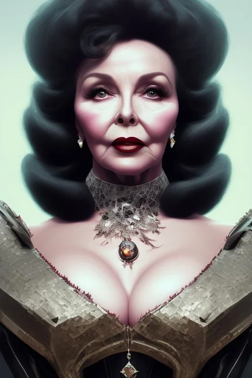 Joan Collins as evil queen in black leather, leather, busty, cleavage, angry, stern look. character design by cory loftis, fenghua zhong, ryohei hase, ismail inceoglu and ruan jia. unreal engine 5, artistic lighting, highly detailed, photorealistic, fantasy