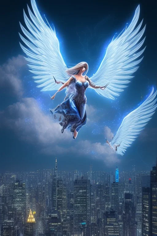 A flying angel over the tall buildings in a city at deep blue night.