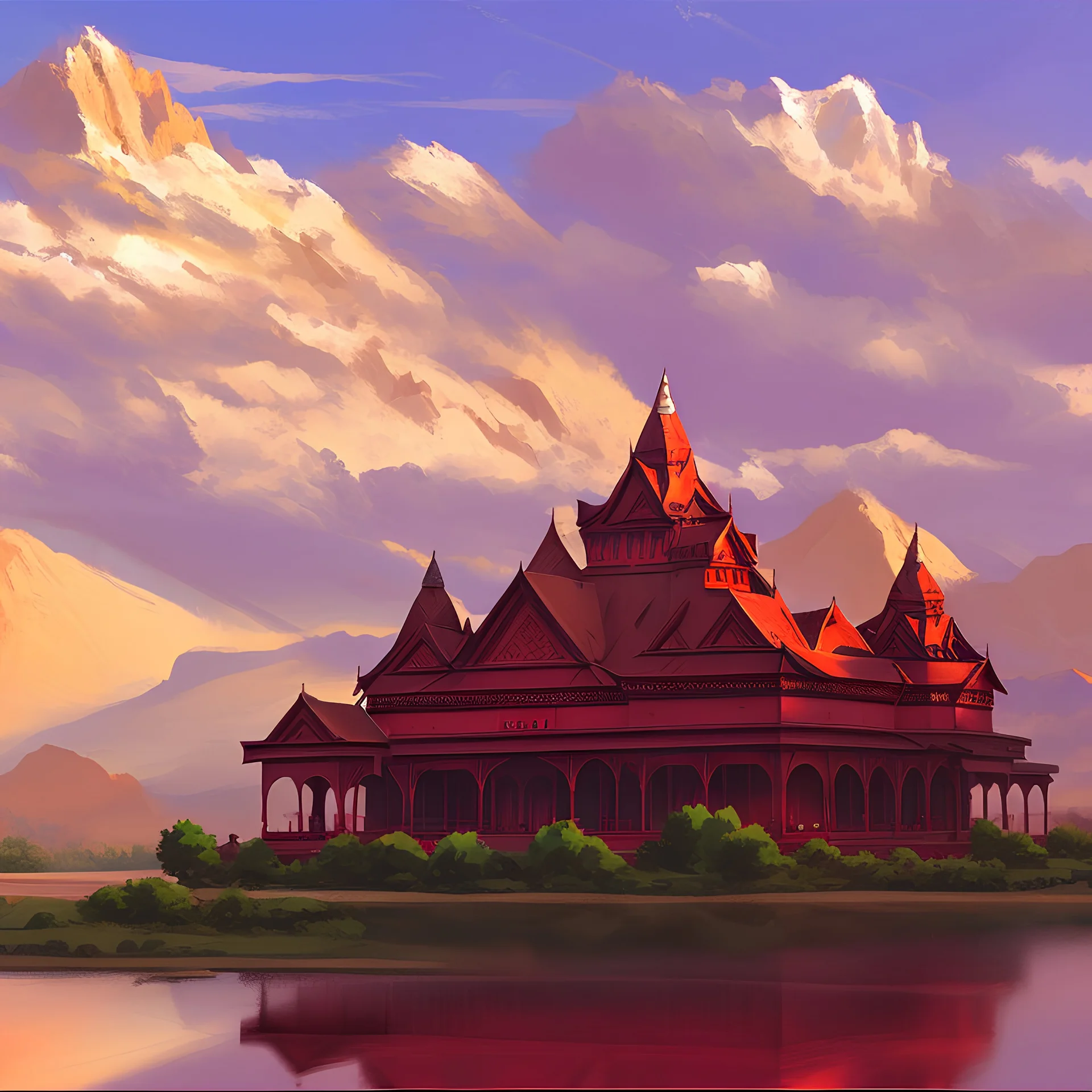 A ruby palace on the river bank with red mountains and clouds behind it