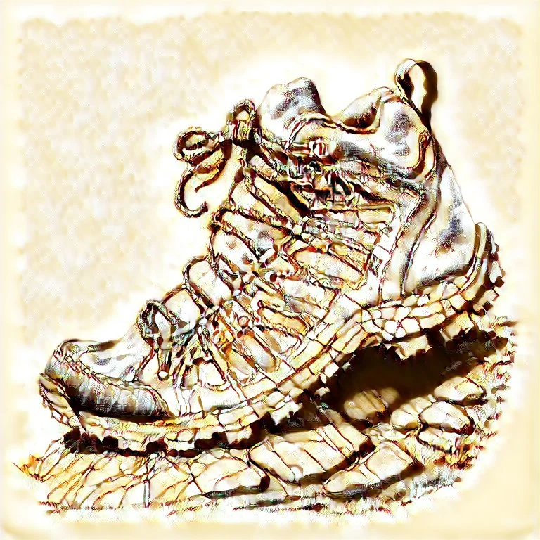 a black and white, monochrome, scribble sketch of a hiking shoe, detailed