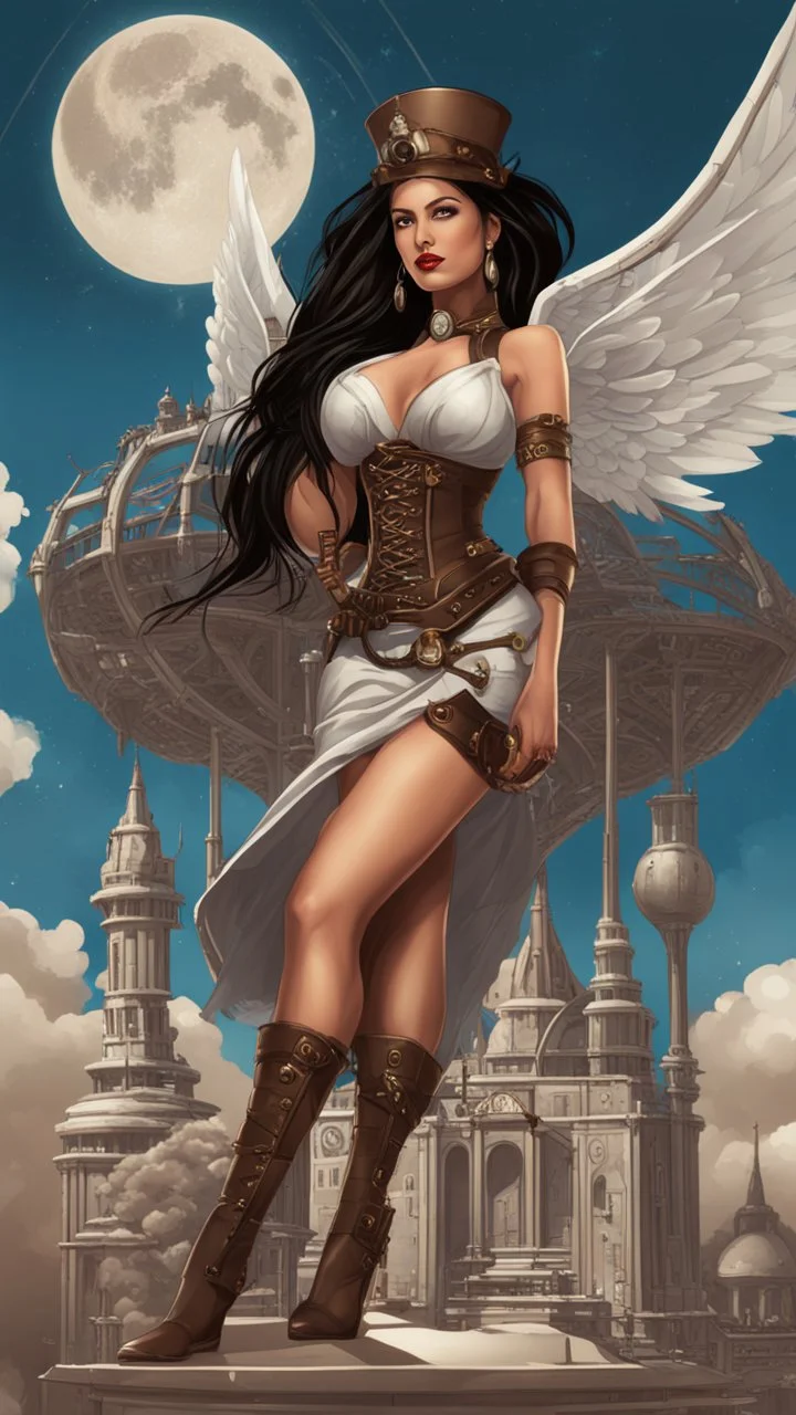 exotic sci-fi steampunk pin-up girl, with long dark hair and wings, on an alien planet with cloud trees, tall spires, buildings, bridges, arches