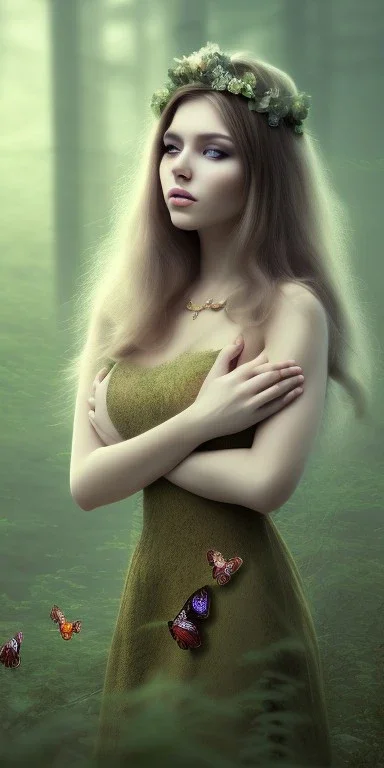 Beautiful pretty girl in picture in foggy forrest afternoon, butterfly, 8k resolution, super detail realístic, fantasy