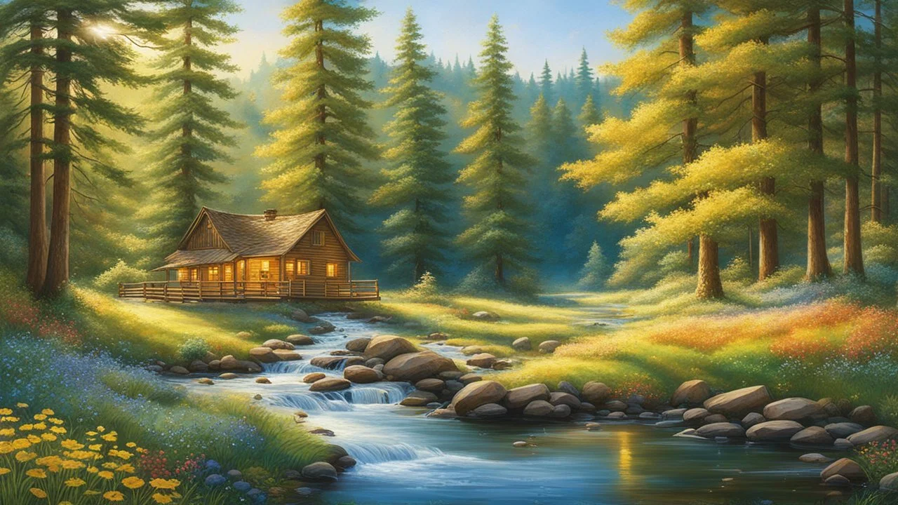 Craft an image of a serene, verdant forest bathed in soft, golden sunlight. Show a tranquil stream winding through the trees, reflecting the clear blue sky above. Birds soar overhead, and colorful wildflowers carpet the forest floor. In the distance, a cozy cabin nestled among the trees exudes warmth and safety. Let the image evoke feelings of peace, harmony, and the beauty of nature, offering viewers a comforting refuge in a chaotic world.