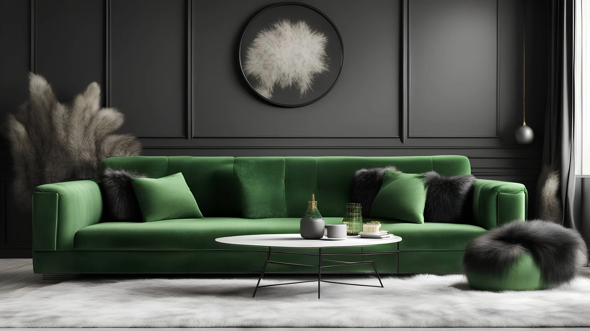Black interior with green velour sofa, table, fur carpet and decor. 3d render illustration mock up.