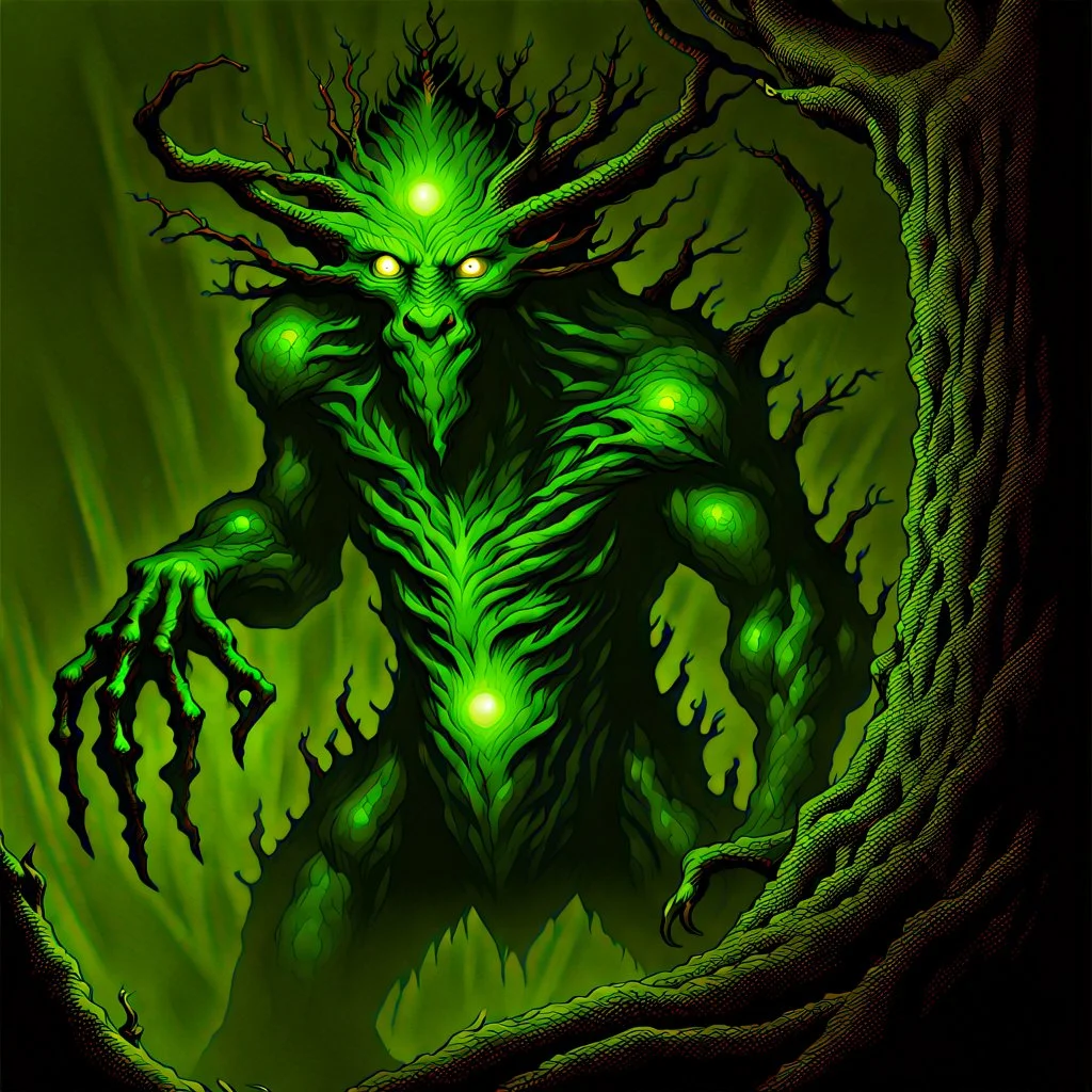 90's TCG art retro fantasy art of tree creature with glowing green eyes