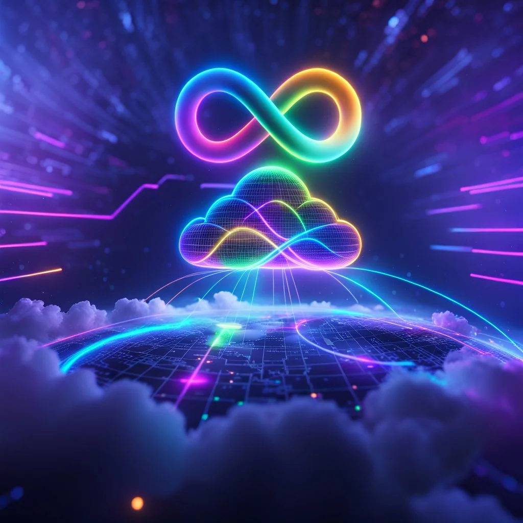 Colourful 3D glowing infinity symbol ∞, hovering above a colourful glowing cloud, network and lights coming from the cloud onto a futuristic map of the globe, inspiring, neon, glowing, friendly, beautiful, octane render, 8k post-production, artstation: award-winning: atmospheric: commanding: fantastical: clarity: 16k: ultra quality: striking: brilliance: liquid medium: stunning colors: amazing depth; lens: f/8, 28mm