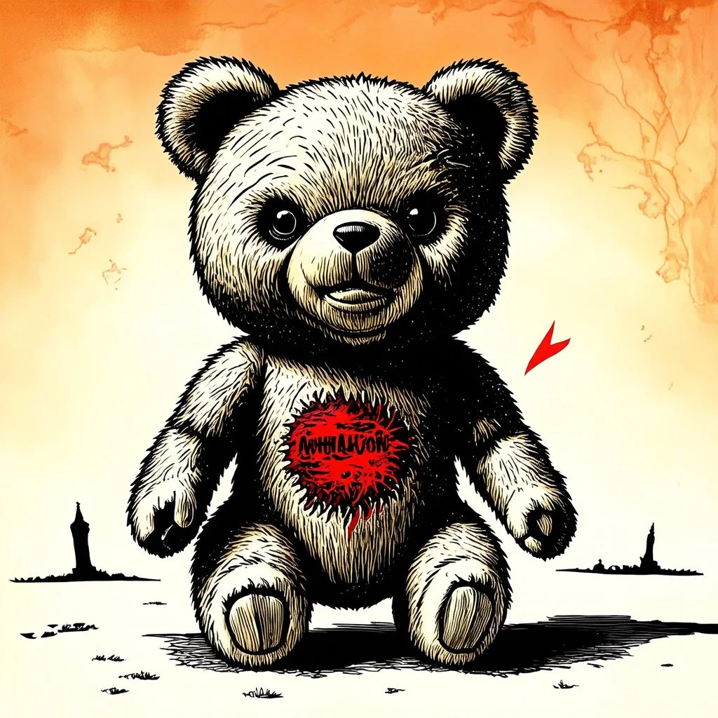 teddy bear dystopia, horror art, surreal, gritty ink illustration