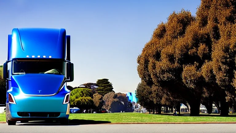 A Tesla semi-truck is parked, in the 'Golden Gate Park', in San Francisco. CINEMATIC. WIDE ANGLE LENS. PHOTO REAL.
