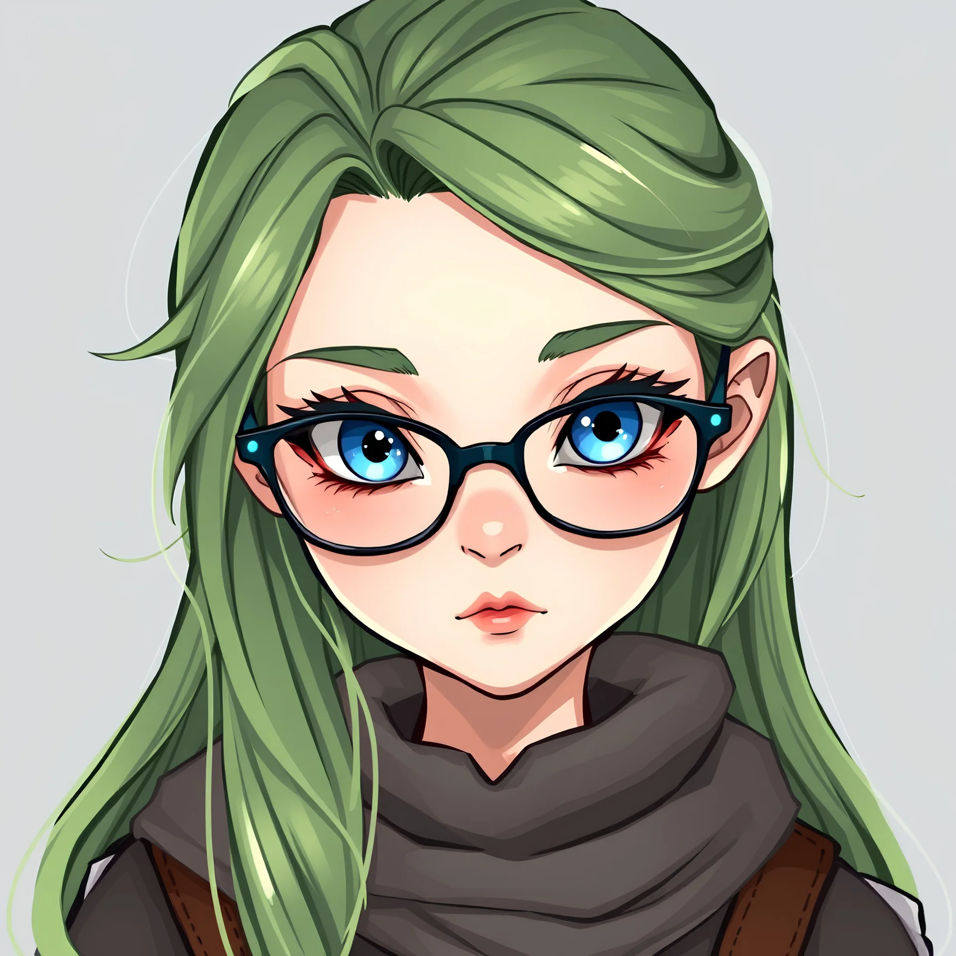 young female wizard with glasses and commoner clothes, long hair with green highlights, blue eyes