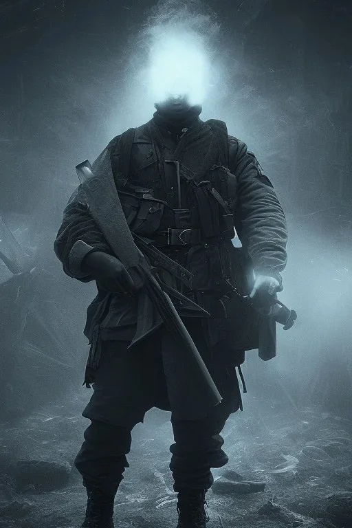 All black German soldier, dark, rage, sorrow, high definition, ultra 8 k, volumetric lighting, blue fire, fog