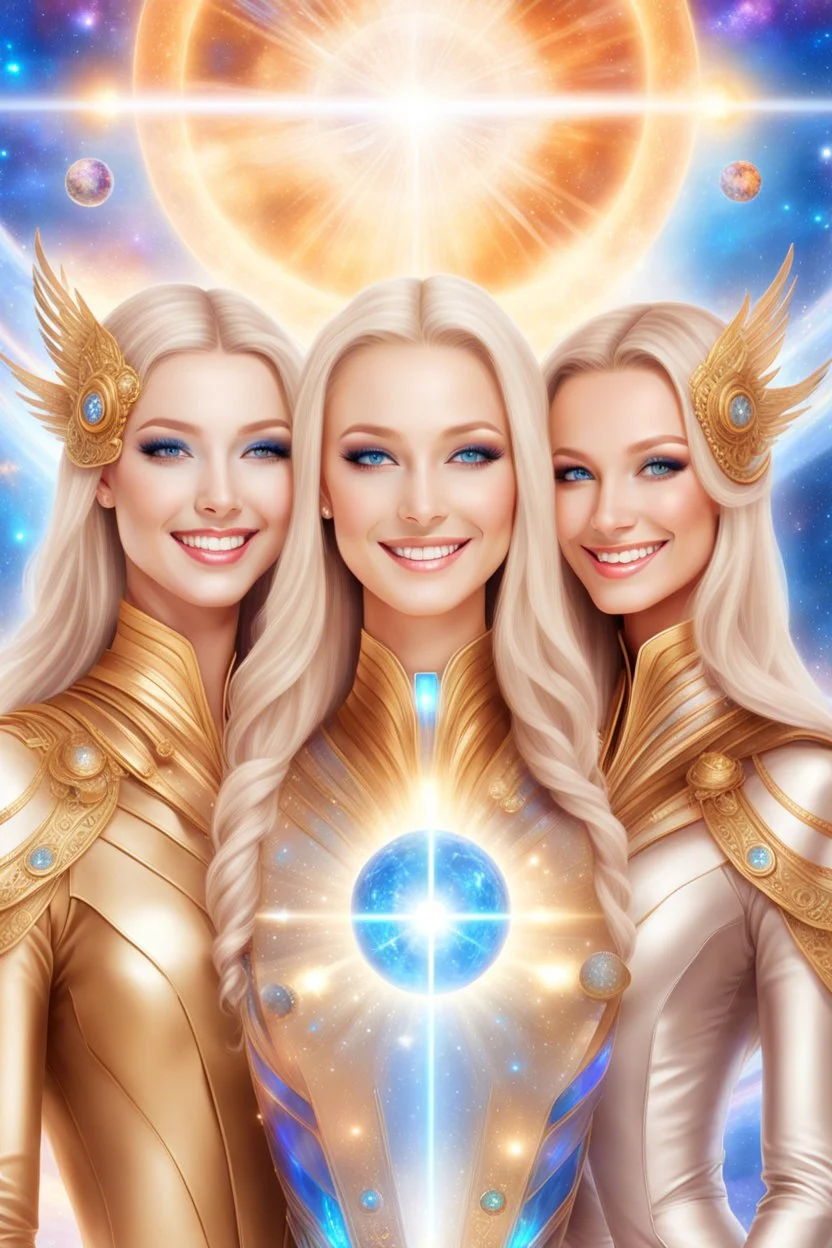 cosmic woman smile, admiral from the future, one fine whole face, crystalline skin, expressive blue eyes,rainbow, smiling lips, very nice smile, costume pleiadian, Beautiful tall woman pleiadian Galactic commander, ship, perfect datailed golden galactic suit, high rank, long blond hair, hand whit five perfect detailed finger, amazing big blue eyes, smilling mouth, high drfinition lips, cosmic happiness, bright colors, blue, pink, gold, jewels, realist, high,rainbow commander, ufos