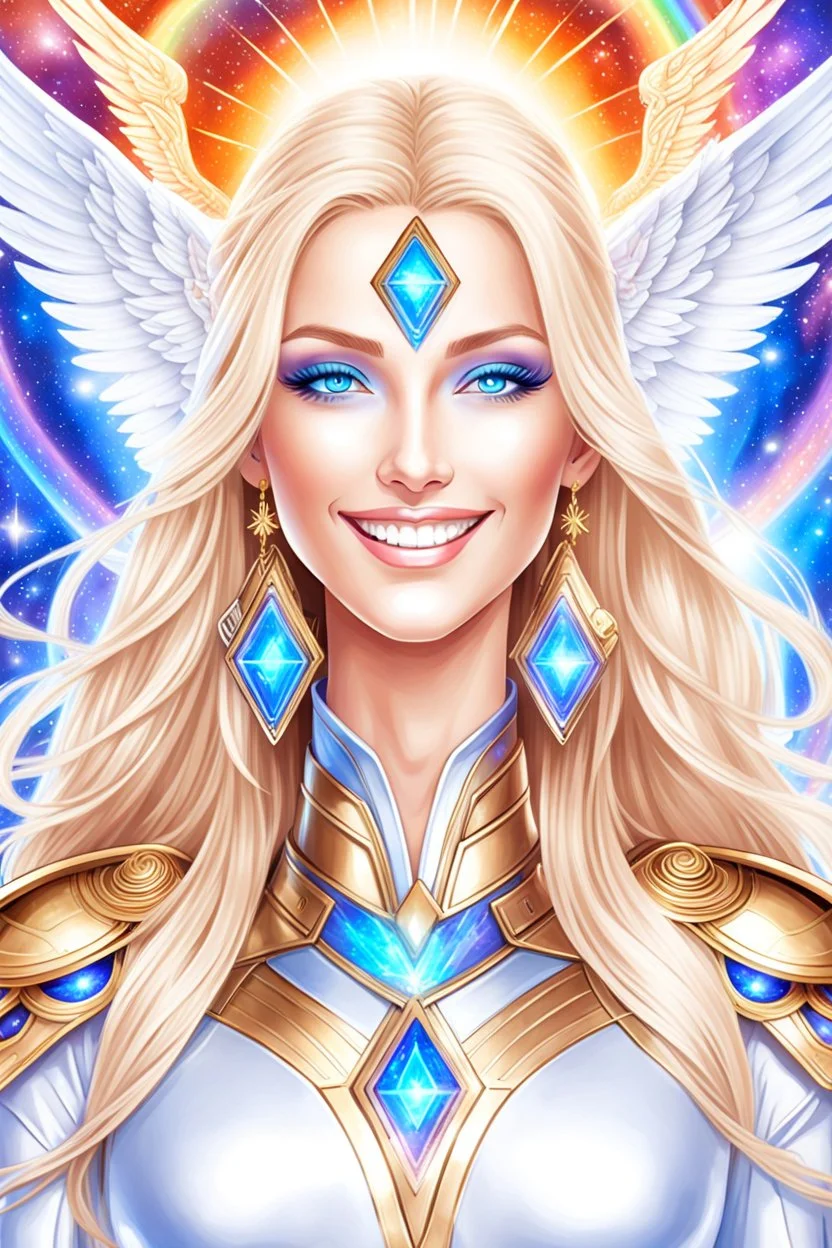 cosmic woman angels smile, admiral from the future, one fine whole face, crystalline skin, expressive blue eyes,rainbow, smiling lips, very nice smile, costume pleiadian, Beautiful tall woman pleiadian Galactic commander, ship, perfect datailed golden galactic suit, high rank, long blond hair, hand whit five perfect detailed finger, amazing big blue eyes, smilling mouth, high drfinition lips, cosmic happiness, bright colors, blue, pink, gold, jewels, realist, high commander,ufo rainbows