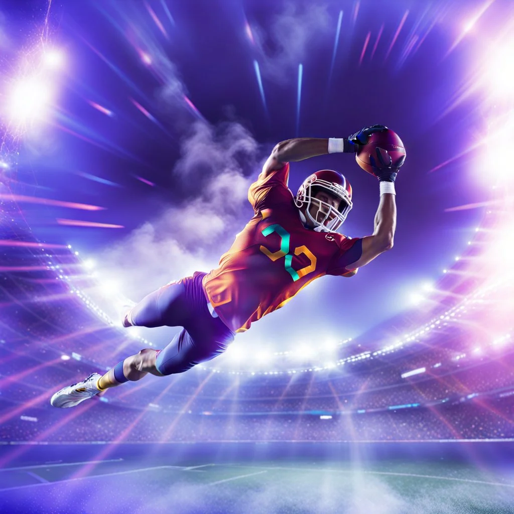 colourful rounded infinity symbol ∞ on shirt, American football player diving with an American football in both hands to score a touch down, striking, vibrant, chiaroscuro, dramatic, captivating, powerful, beautiful, octane render, 16k post-production, artstation: award-winning: atmospheric: commanding: fantastical: clarity: ultra quality: striking: brilliance: stunning colors: amazing depth; lens: f/11, 35mm